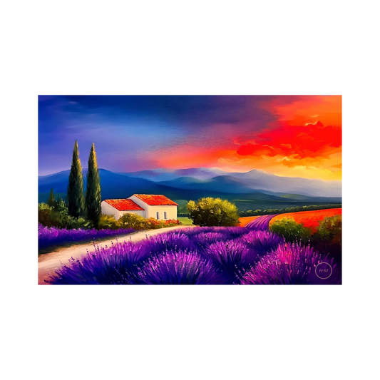 Rolling Hills  Lavender Landscape Painting | Vintage Lavender Rolling HIlls Painting | Italian Vintage Artwork