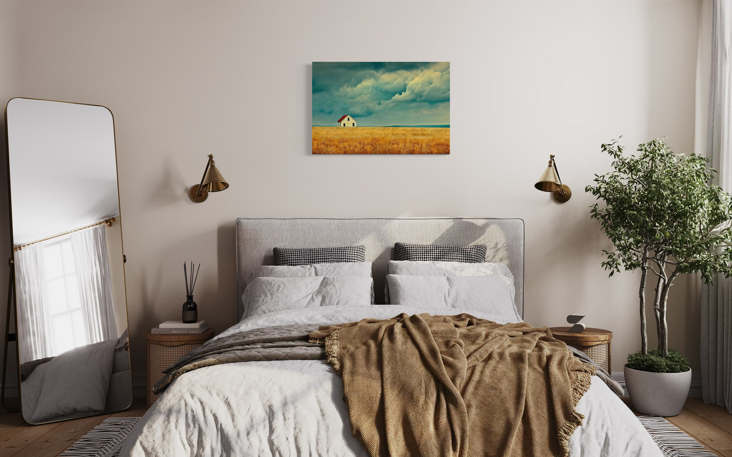 Abstract Home Canvas Painting | Lonely Home in Field Abstract Artwork