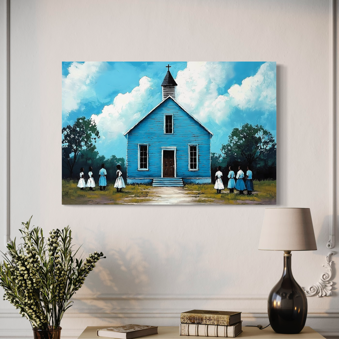 African American Religious Artwork| Black Church Landscape Painting | Sunday Gathering Christian Artwork