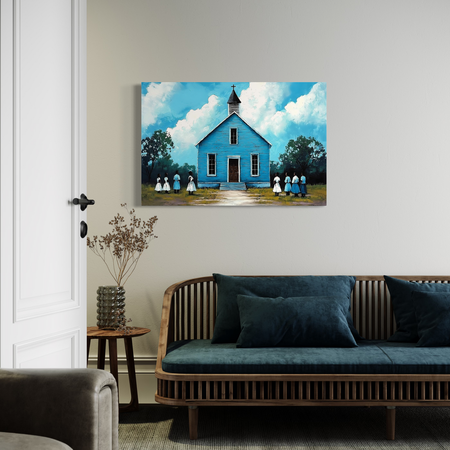 African American Religious Artwork| Black Church Landscape Painting | Sunday Gathering Christian Artwork