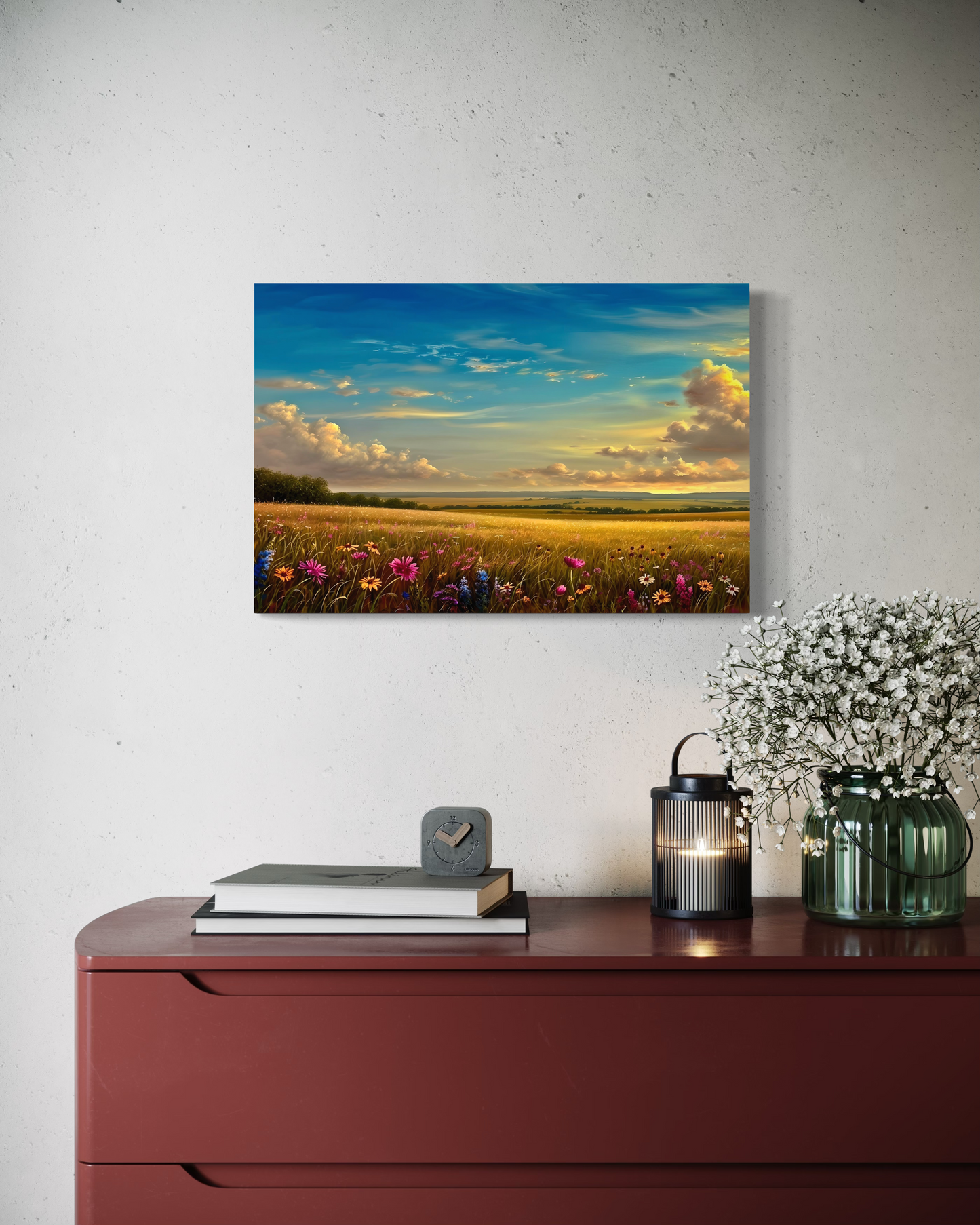 Landscape Floral Canvas Painting, Field of Flowers Landscape Artwork