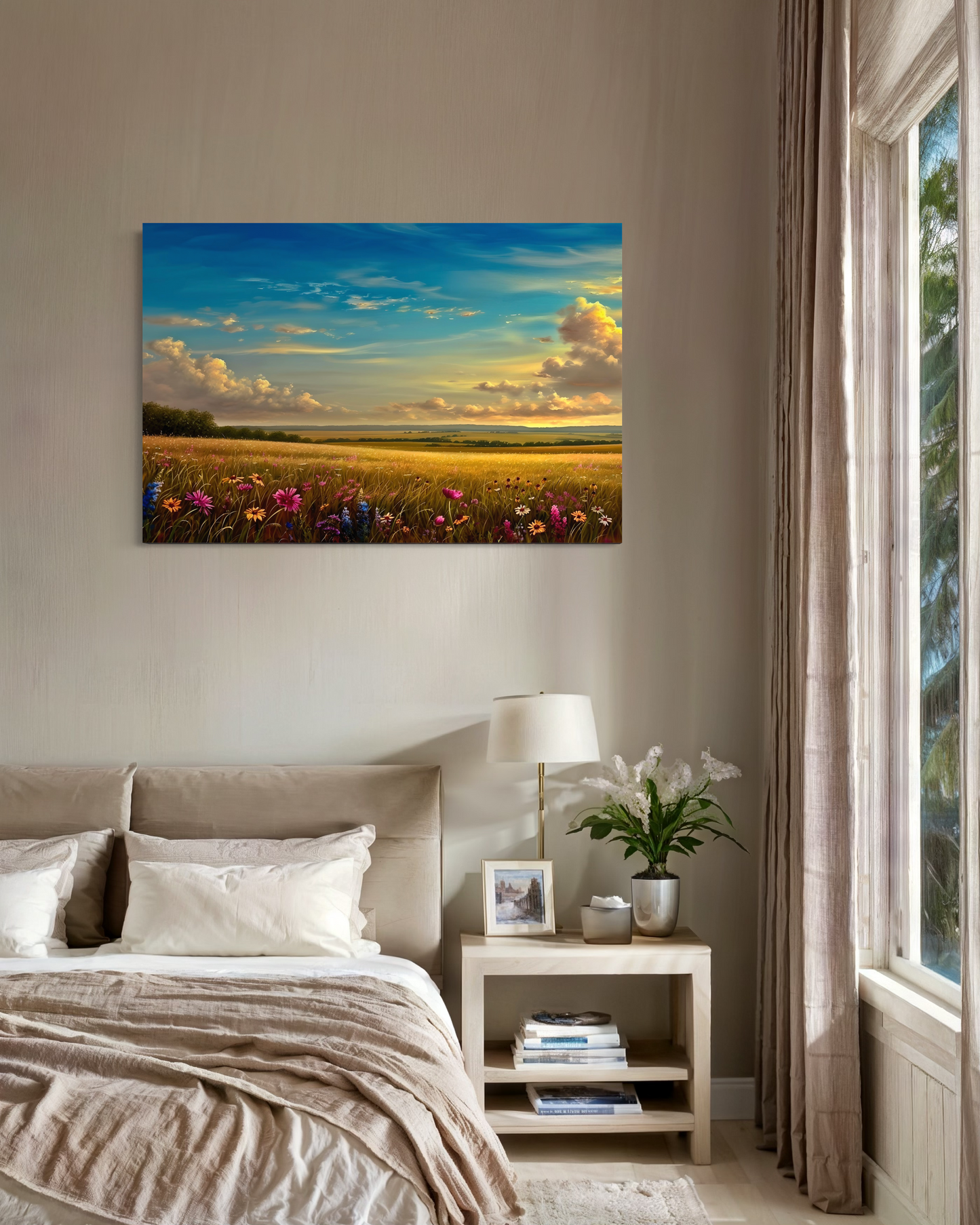 Landscape Floral Canvas Painting, Field of Flowers Landscape Artwork