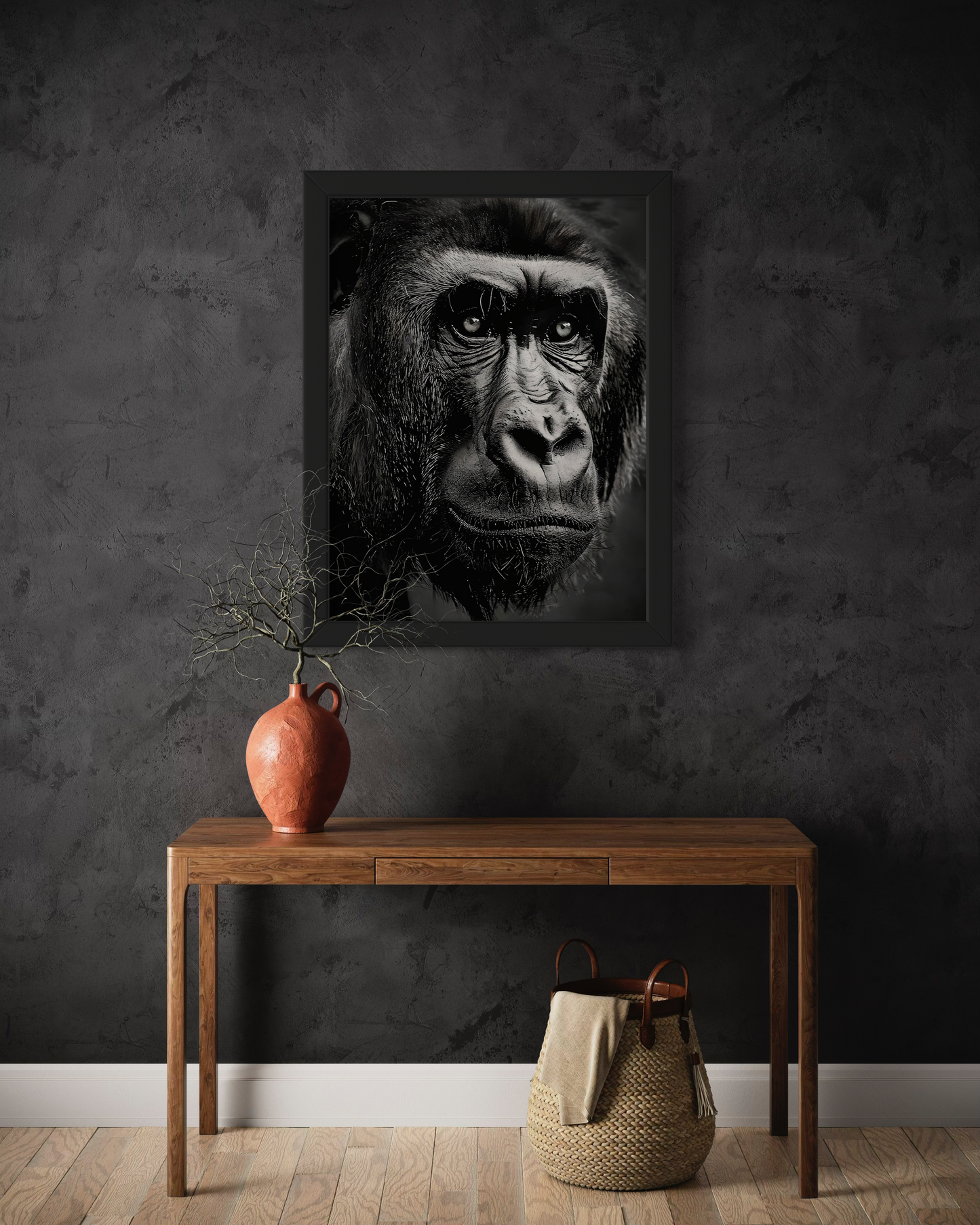 Black and White Gorilla Framed Poster | Monochrome Gorilla Artwork | Monochrome Animal Poster