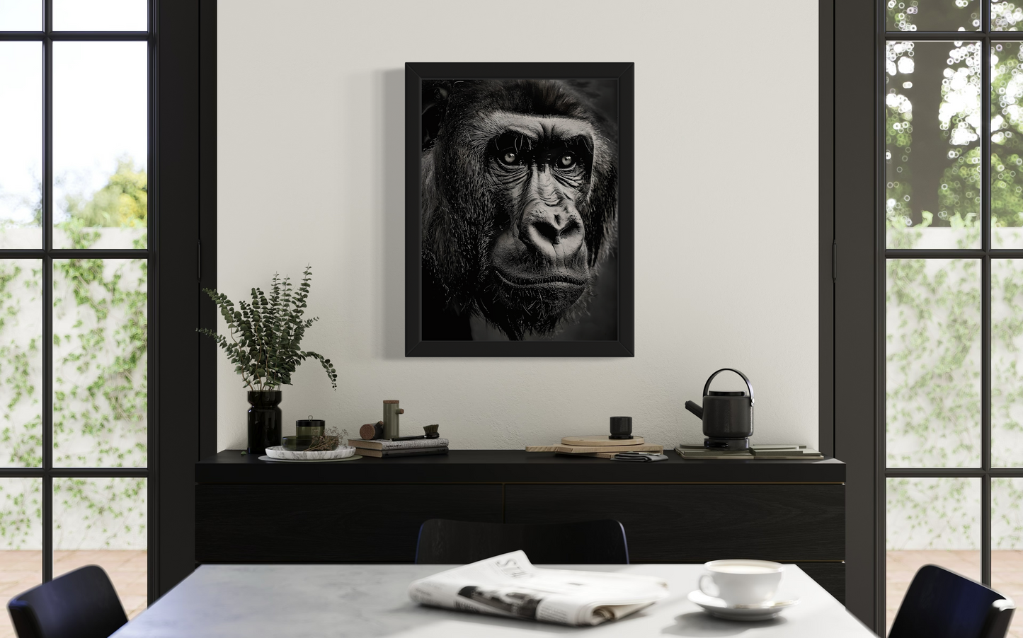 Black and White Gorilla Framed Poster | Monochrome Gorilla Artwork | Monochrome Animal Poster