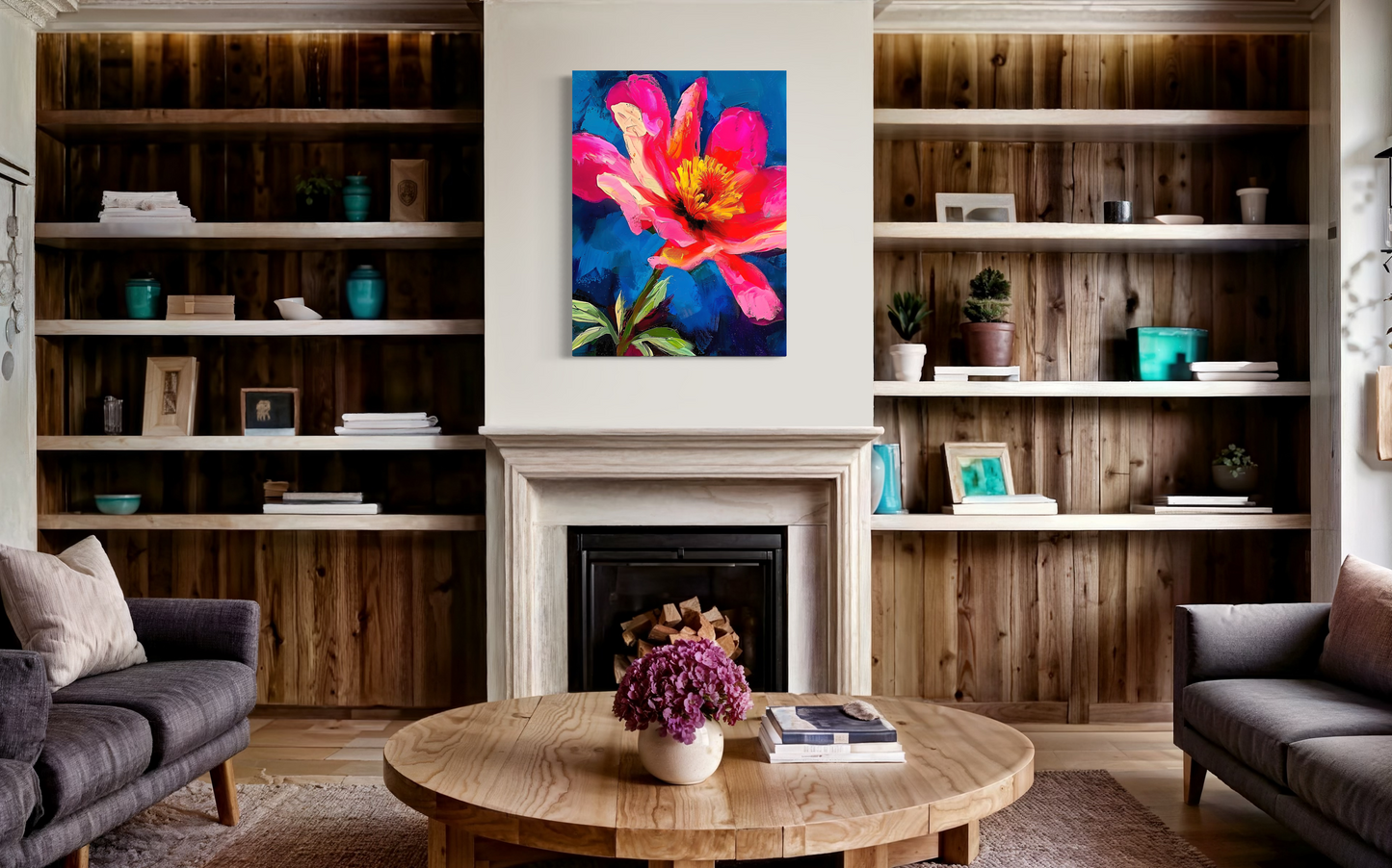 Floral Matte Canvas Painting | Large Pink Flower Painting | Maximalism Floral Artwork