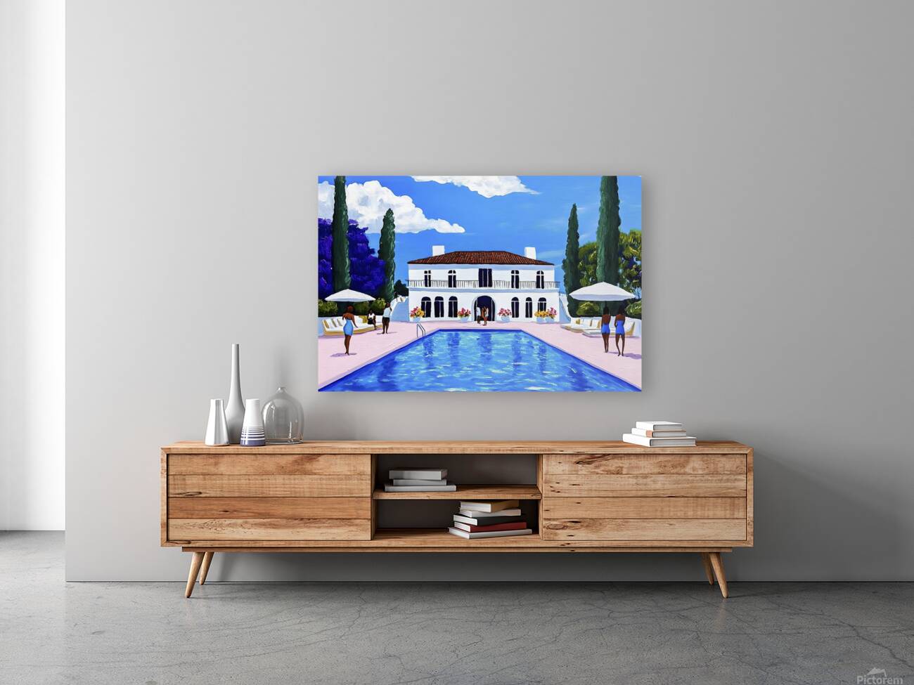 Vintage Poolside Painting| Mansion Canvas Artwork| Luxe and Leisure