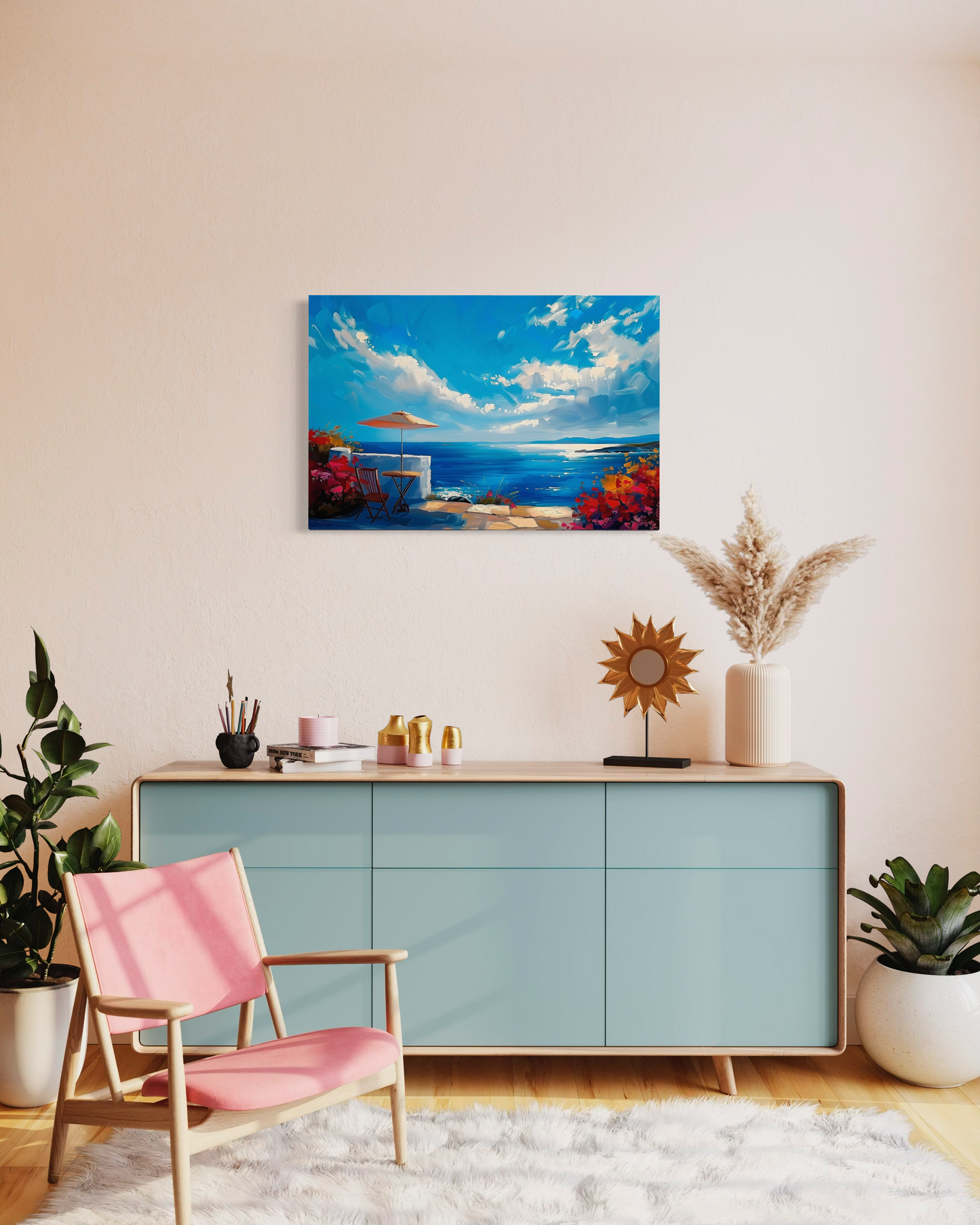 Beach Landscape Matte Canvas Painting, Beachside Villa Landscape Artwork