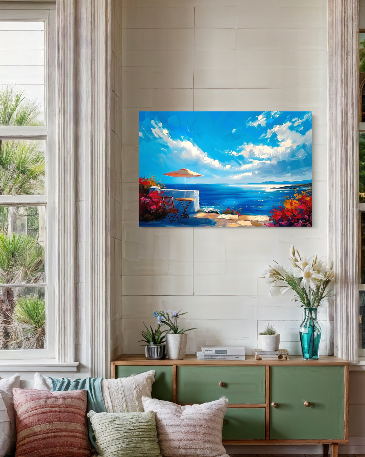 Beach Landscape Matte Canvas Painting, Beachside Villa Landscape Artwork