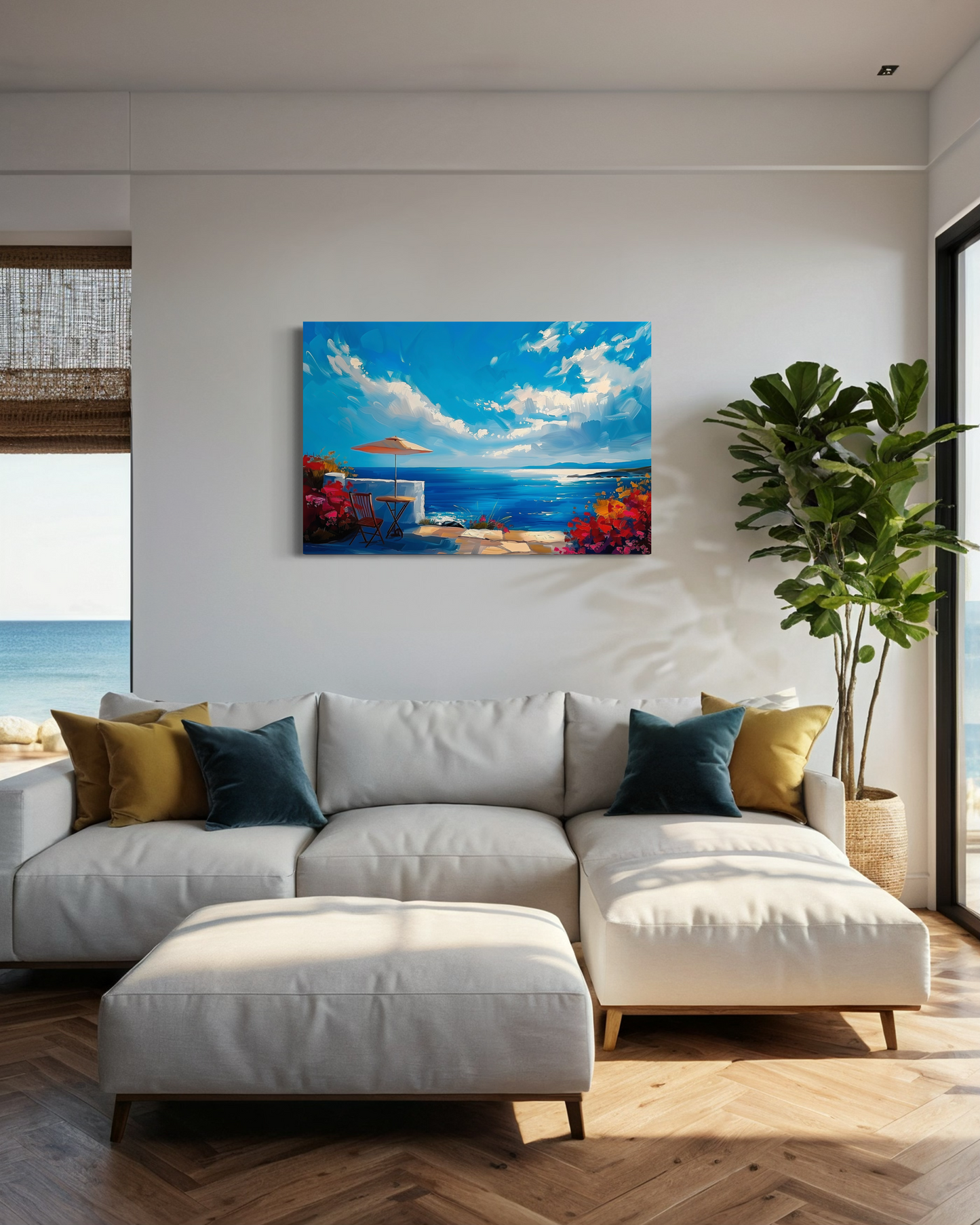 Beach Landscape Matte Canvas Painting, Beachside Villa Landscape Artwork